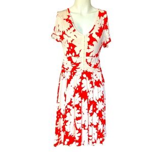 Anthropologie Maeve Summer Breeze Knit Ruched Dress M Orange Floral Hook Eye